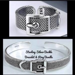 Sterling Silver Buckle Design Cuff Bracelet & Ring Bundle